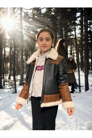 Çocuk Yakalı Parçalı Kürk - Kahve Çok Renkli