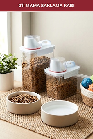 2'li Sızdırmaz Kedi Köpek Mama Saklama Kabı 1100 Ml Ve 1800 Ml