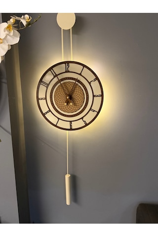 Metaquartz Aksesuar Ekru-ceviz Pendulum Full Çelik - Metal Ledli Duvar Saati Krem-ceviz