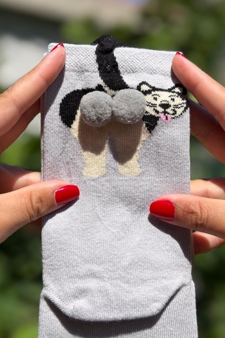 Lousocks Unisex Gri Dilini Çıkaran Köpek Desenli Ponpon Soket Çorap