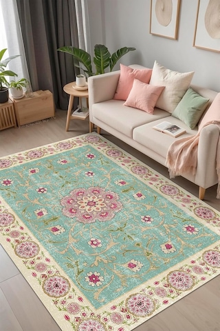 Visina Vintage Desenli Şönil Pamuk Tabanlı Yıkanabilir Kaymaz Antibakteriyel Salon Halısı 140x200 Çok Renkli