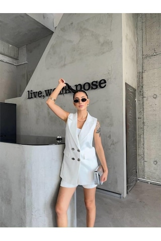 The İstanbul Keten Yelek - Şort Takım - Beyaz Beyaz