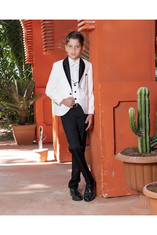 Erkek Çocuk Yelekli Takım Elbise 3-14 Yaş Ceket-pantolon-yelek-gömlek-papyon 3-14 Yaş Krem