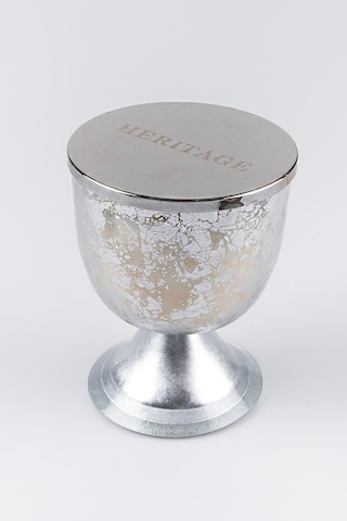 Gümüş Varak Eskitme Ayaklı Cam Mumluk Kokusuz Mum Yazı Kapaklı Orta 12x15 Cm