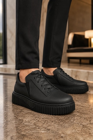Mevese Dlob Erkek Bağcıklı Cilt Günlük Casual Spor Sneaker Ayakkabı - Siyah