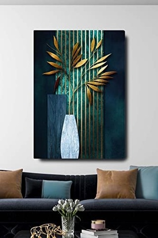 Homearths Dekoratif Soyut Altın Yapraklı Vazo Sürreal Kanvas Duvar Tablosu 70 X 100 Cm