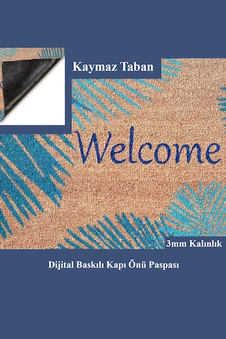 Valerine Life Mavi Palmiye Yapraklı Welcome Hoş Geldiniz Kapı Önü Paspası 45x70cm Mavi