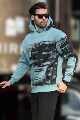 Madmext Mavi Kapüşonlu Desenli Cep Detaylı Erkek Sweatshirt 7059-mavi Mavi