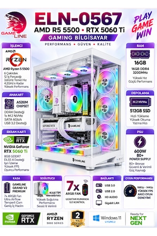 Gameline ELN-0567 R5-5500 512 GB 16 GB SSD8 GB RTX5060 Ti Dos Masaüstü Oyuncu Bilgisayar