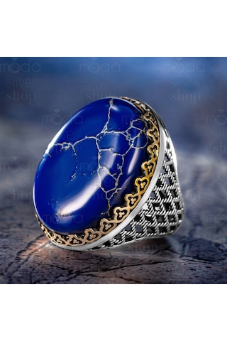 925 Ayar Gümüş Büyük Kasa Oval Lapis Lazuli Taşlı Erkek Yüzük Gümüş
