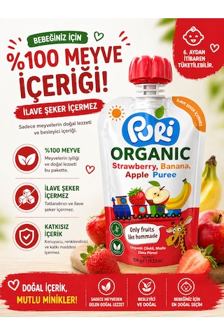 Organic %100 Organik Meyve Püresi Çilek Muz Elma 100 G İlave Şekersiz