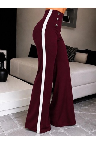 Zennamoda Kadın Yüksel Bel Düğmeli Yandan Şerit Detaylı Paçaya Doğru Genişleyen Ithal Krep Pantolon Bordo
