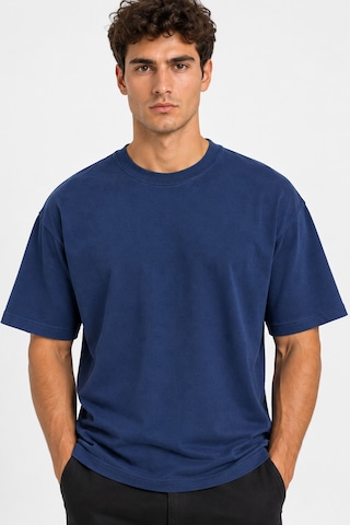 Vasto Moda Erkek Oversize Kalın Dokulu %100 Organik Pamuk Bisiklet Ribana Yakalı Lacivert T-shirt