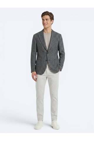 Kip Petrol Çizgili Modern Fit Keten Karışımlı Ceket