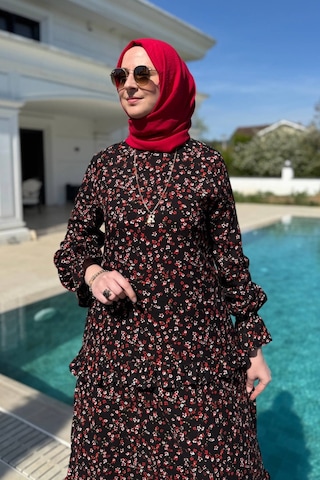 Rabia Şamlı Mine Elbise Turuncu Çiçekli Siyah Normal