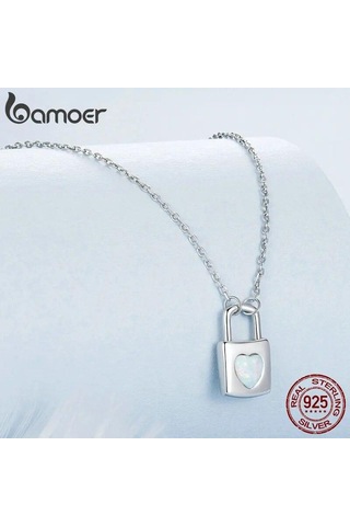 Bamoer 925 Ayar Gümüş Kalp Kilit Kolye Kolye Beyaz Kabuk Aşk Boyun Zinciri Kadınlar İçin Sevgililer Günü Güzel Takı Hediye Beyaz