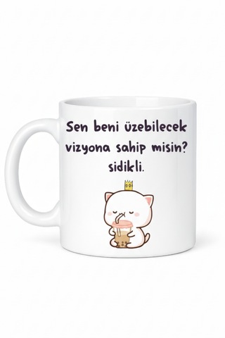 Komik Tasarım Kupa Bardak ''sen Beni Üzebilecek Vizyona Sahip Misin '' Yazılı Seramik Kahve Kupası Beyaz