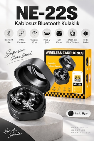 Ne-22s Tws Kablosuz Bluetooth 5.4 Open-ear Klips Küpeli Bayan Kulaklığı - Siyah