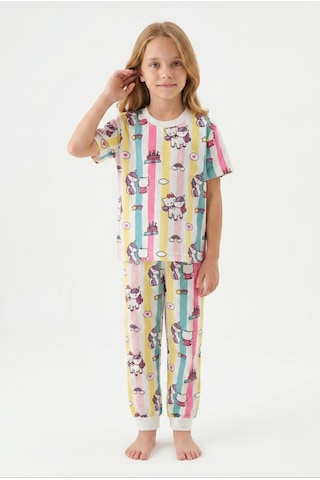 Bunny Hopp %100 Pamuk Yazlık Kısa Kollu Unicorn Ve Kedi Desenli Kız Çocuk Pijama Takımı Çok Renkli