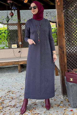 Zebra Desen Triko Elbise Antrasit Normal