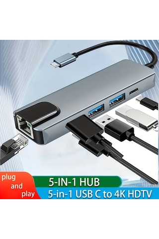 Honeybeeshop Usb C Hub 5i 1 Arada 100m Usb Cden 4k Hdtvye Ethernet Portlu Cok Baglanti Noktali Adaptor 100w Pd Tip C Sarj Portu Usb 3 0 2 0