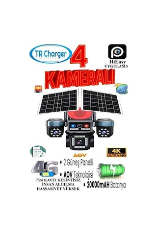 4 Kameralı E-sım Güneş Enerjili Güvenlik Kamerası Çift Güneş Paneli, Sım Kartlı Aov Akıllı Kamera