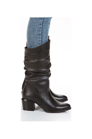 Hakiki Deri Büzgülü Körüklü Kalın Topuk Kadın Çizme Siyah