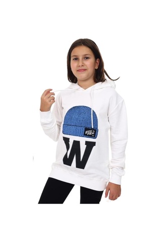 Çocuk Bere Baskılı Ve İşlemeli Kapüşonlu Sweatshirt-13410-beyaz Beyaz