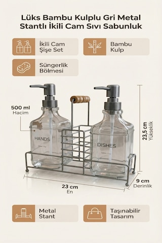 Makri Home Lüks Bambu Kulplu Gri Metal Stantlı İkili Cam Sıvı Sabunluk 500 Ml, 23x9x23,5 Cm