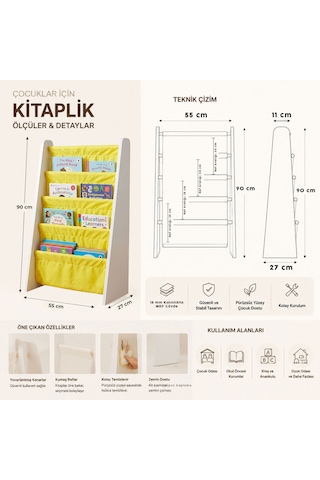 Çocuk Odası Bez Raflı Montessori Kitaplık - 4 Katlı 18mm Beyaz Mdf Ahşap Kitap Organizeri Sarı