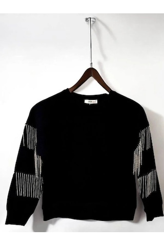 Kız Çocuk Yüzde Yüz Pamuklu İki İplik Zincir Detaylı Sweatshirt-14446 Siyah