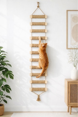 Ahşap Kedi Tırmanma Merdiveni Ve Duvar Köprüsü - Jüt İpli, 11 Basamak, 125 Cm
