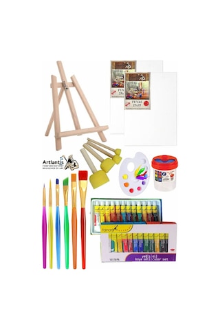 Mini Şövale 25x35 2 Li Tuval Fanart 12 Renk Yağlı Boya Başlangıç Seti Fırça Palet Ponpon Su Kabı Masaüstü Sanatsal Çok Renkli