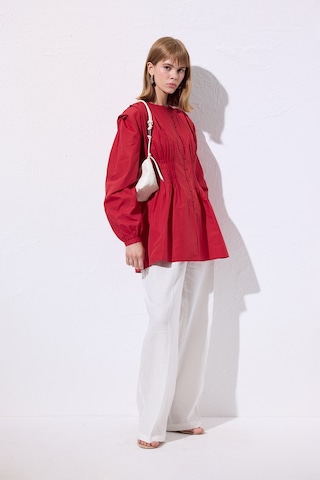 Beli Pile Detaylı Uzun Kol Bluz Kırmızı Kırmızı