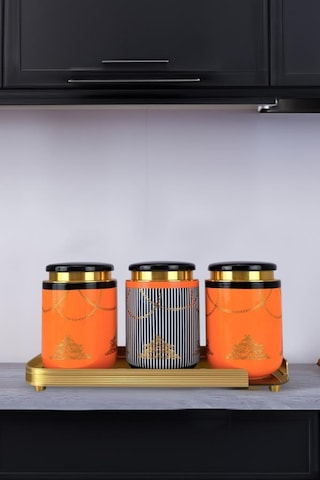 Acar 3 Lü Porselen Baharatlık Ve Cam Tepsili Çay Şeker Tuz Kavanoz Takımı Seti - Koh-05836