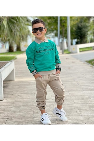 Modavals Gömlek Yaka Sweatshırt Ve Gabardin Kargo Pantolon Erkek Çocuk Kombin Yeşil