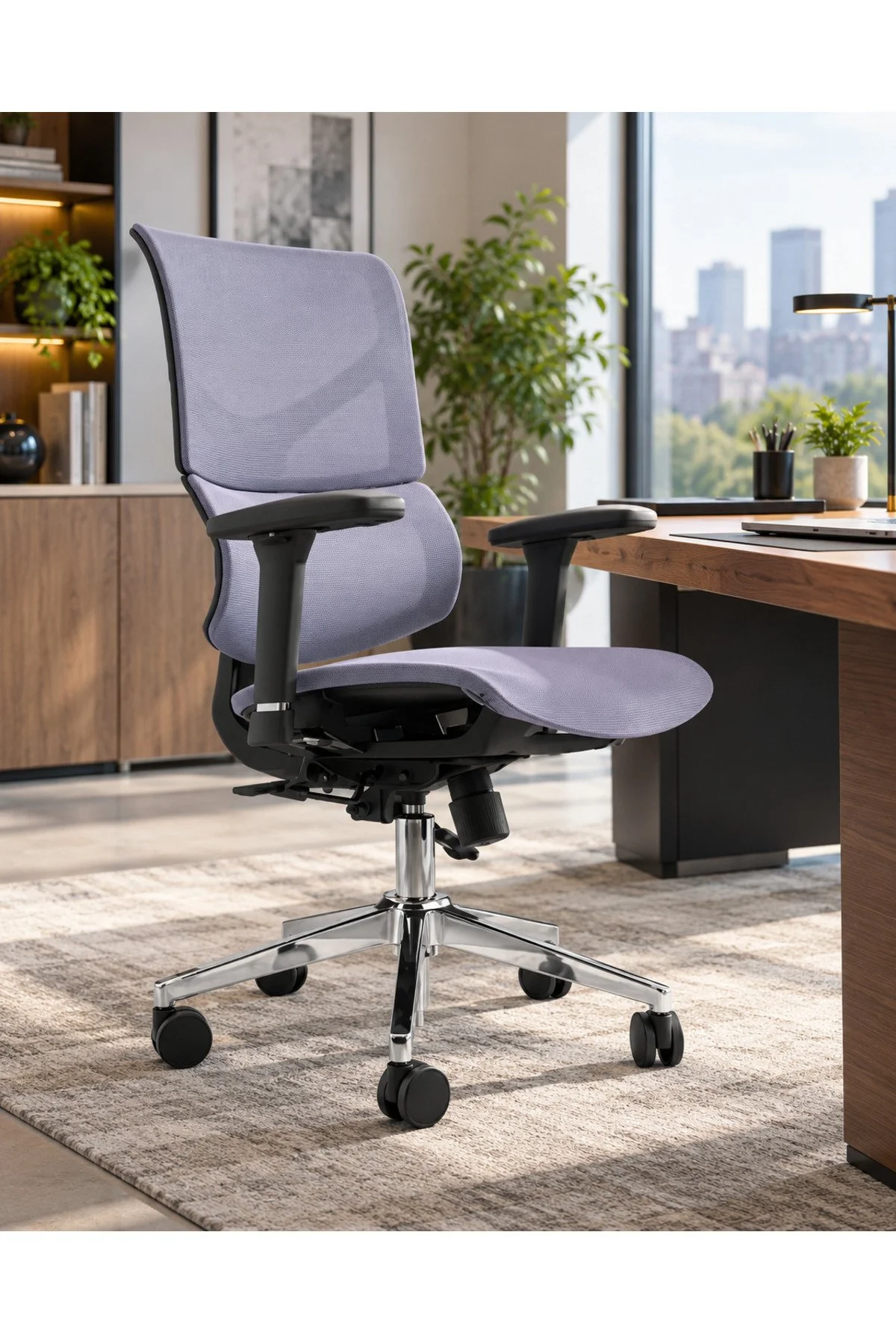 Fileli Başlıksız Ergonomik Çalışma Koltuğu Gri