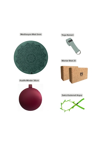 Meditasyon Ve Yoga Destek Seti - Oval Mat + Kadife Minder + Yoga Kemeri + Cork Blok 2li + Kademeli Germe Kayış Yeşil