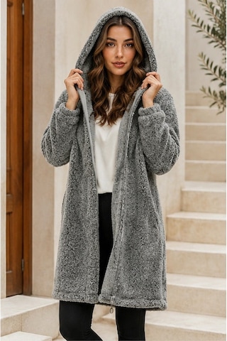 Unika Boutique Kadın Welsoft Fermuarlı Kapüşonlu Uzun Polar Hırka Gri