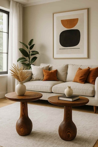 2 Li Doğal Masif Ahşap Yan Sehpa Seti Meşe Renk Zigon Fiskos Meşe