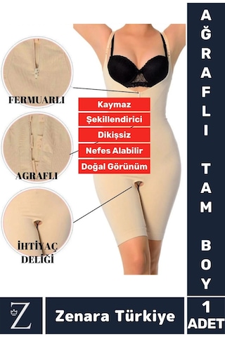 Günlük Vücut Şekillendiren Beden İncelten Toparlayan İhtiyaç Deliği Fermuarlı Ağraflı Tam Boy Korse Ten
