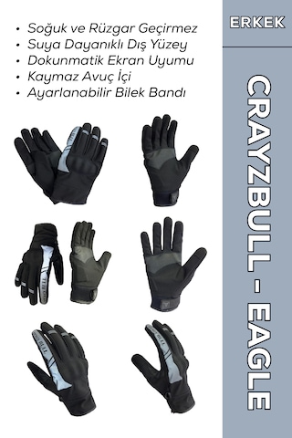 Crazybull Eagle Gri Su Ve Rüzgar Geçirmez Kışlık Erkek Motosiklet Eldiveni + Buff