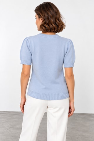 Bihan Store Kadın Simli Sıfır Yaka Kısa Kol Triko Bluz W27-31626 - Mavi