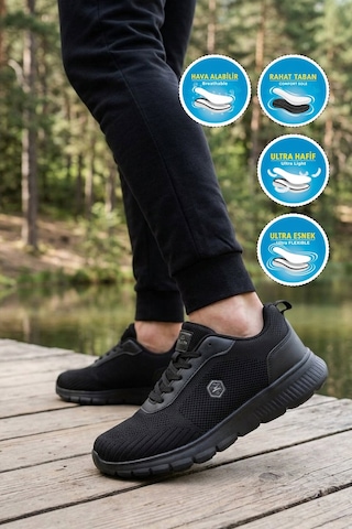 Walkway Siyah-siyah Fileli Hafif Esnek Rahat Tabanlı Erkek Yürüyüş Ve Spor Ayakkabı Poizz 26108