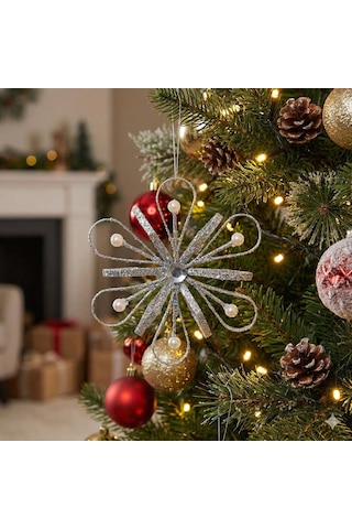 İncili 6 Yapraklı Gümüş Yılbaşı Ağaç Süsü Dekoratif Parlak Süsleme