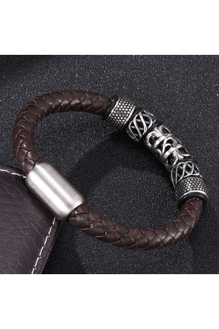 Trend Erkek Bileklik Kahverengi Hakiki Deri Bileklik Charm İle Makrome Tokalı Bilezik Punk Takı Kahverengi