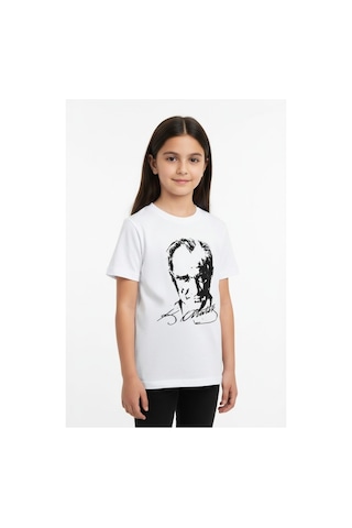 Westicgiyim Atatürk Baskılı Çocuk Tişört Unisex Pamuklu Kısa Kollu Tişört Beyaz