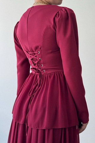 Nils Butik Korse Detaylı Midi Abiye Elbise Bordo