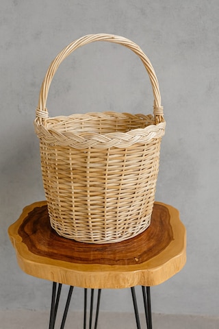 Doğal El Yapımı Hasır Sepet Örgülü - Dekoratif & Çok Amaçlı Büyük Boy Saplı Bej - Sarı