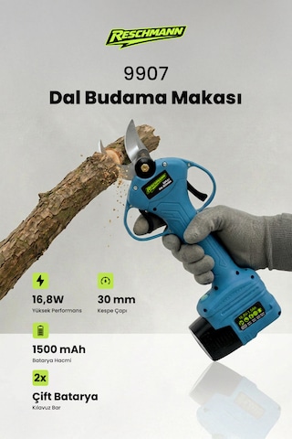 Reschmann R-M9907 Profesyonel 30MM Şarjlı Dal Budama Makası - Çift Bataryalı Yedek Bıçaklı Akülü Bağ Makası